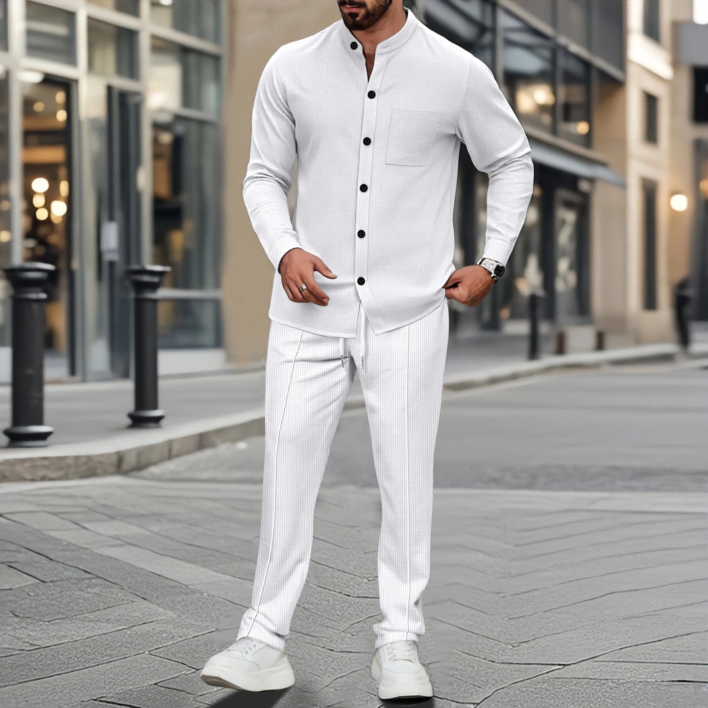 Camisa Masculina Waffle Elegante com Gola Alta e Botões e Calças 1/2 Peças Confortáveis e Respiráveis Casuais