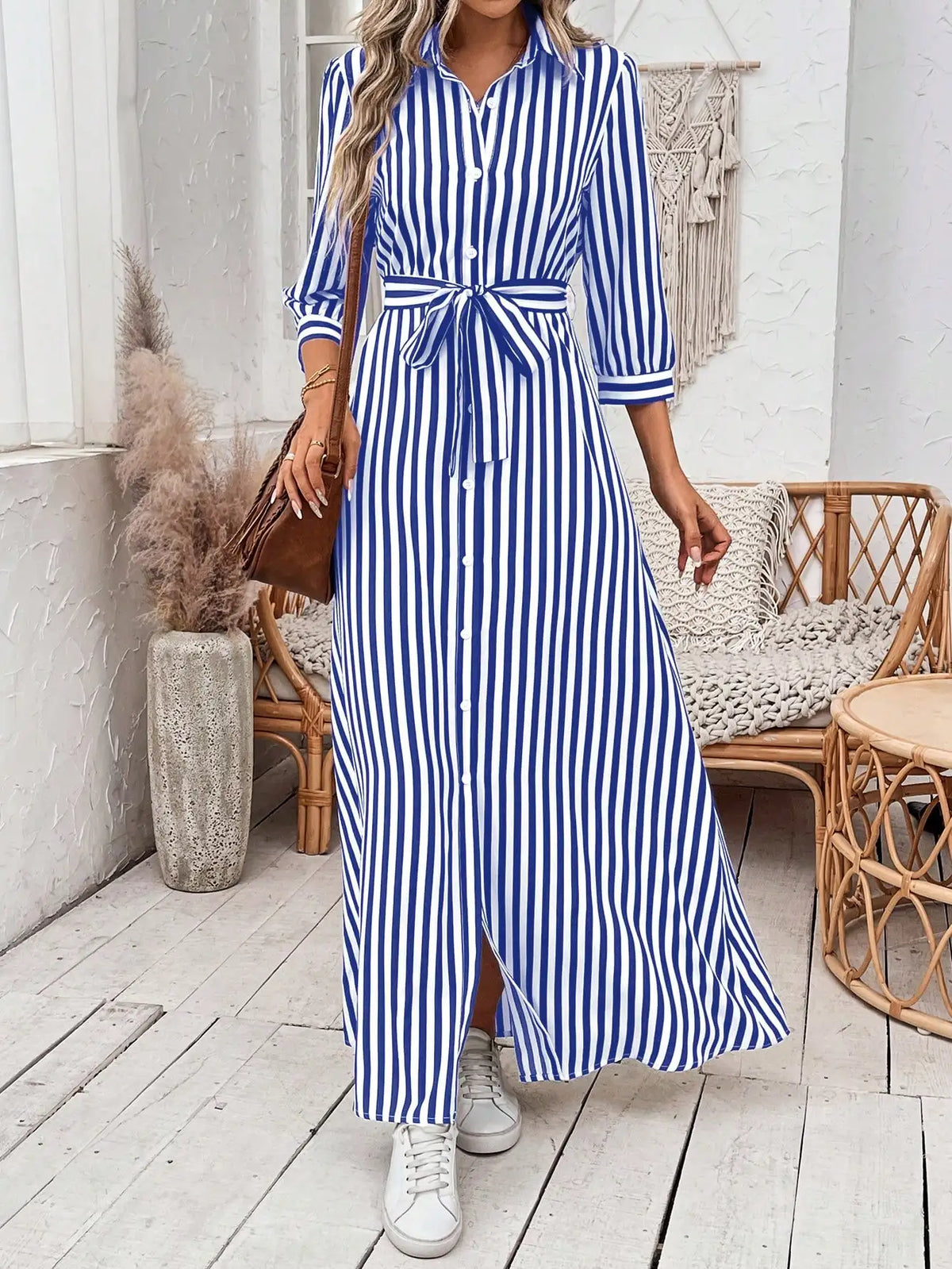 Vestido Casual Elegante com Estampa Listrada para Mulheres, Vestido Fashion e Moderno para Todas as Estações