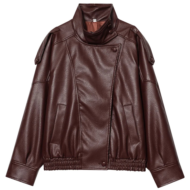 Jaqueta Bomber Feminina HXAO - Nova Coleção - Couro Preto - Modelo Cropped Oversize - Casaco com Zíper e Mangas Longas - Ideal para Atividades ao Ar Livre