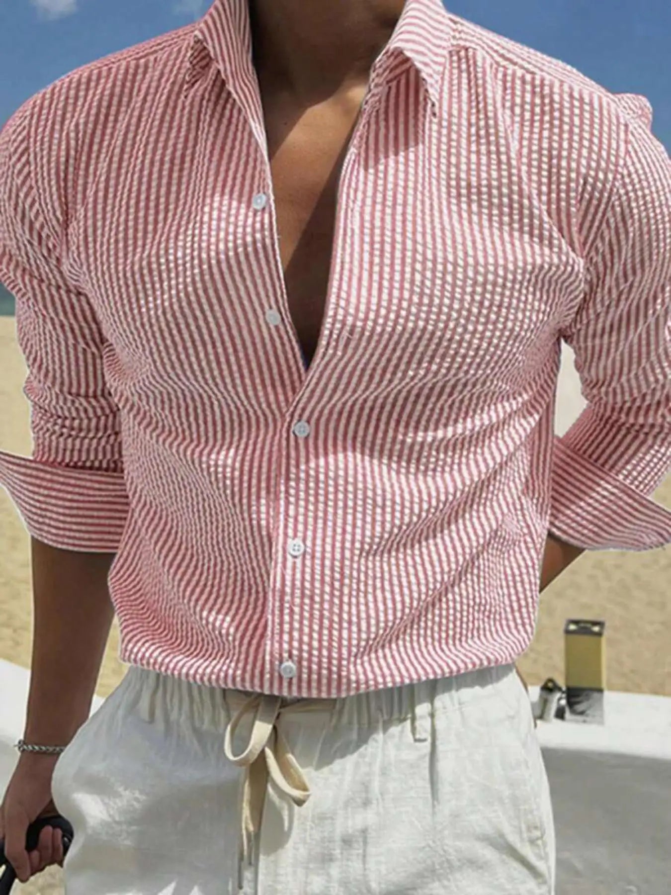 Camisa Masculina de Manga Longa Listrada com Corte Solto, Estilosa e Confortável para Uso Casual em Todas as Estações, Ideal para Atividades ao Ar Livre