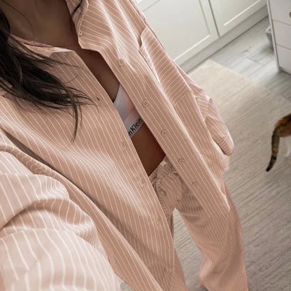 DSMTRC Women Casual Blue Stripe Loose Suits Buttons Shirt + Drawstring Pant 2025 New Summer Fashion Holidays Simple Stylish Sets