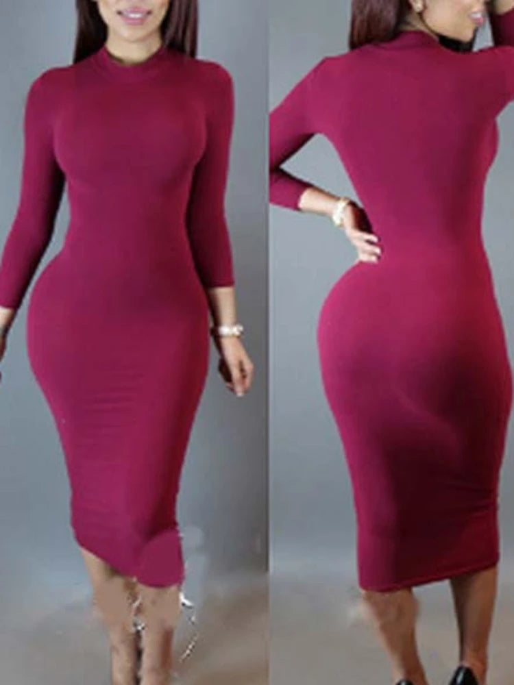Vestido justo e elástico de cor sólida, sexy, feminino, com mangas compridas, cintura marcada, elegante para festas e baladas.