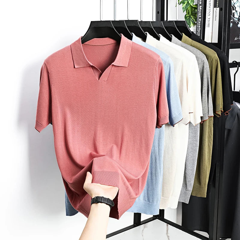 100% Lyocell malhas 2025 homens primavera verão na moda turn down collar malha camisetas manga curta respirável malha topos