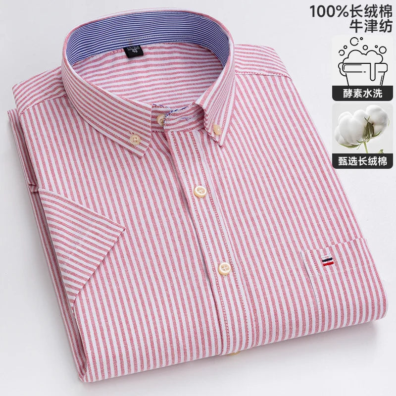 100% algodão puro oxford camisas masculinas manga curta xadrez macio regular ajuste formal vestido camisa blusa social roupas masculinas 6xl 7xl