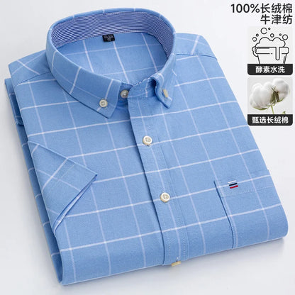 100% algodão puro oxford camisas masculinas manga curta xadrez macio regular ajuste formal vestido camisa blusa social roupas masculinas 6xl 7xl