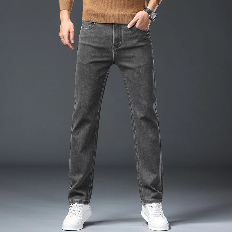Calças Jeans Cinzas Masculinas Moda Primavera Outono Casual Elásticas Clássicas Retas para Trabalho Vintage em Denim Lavado