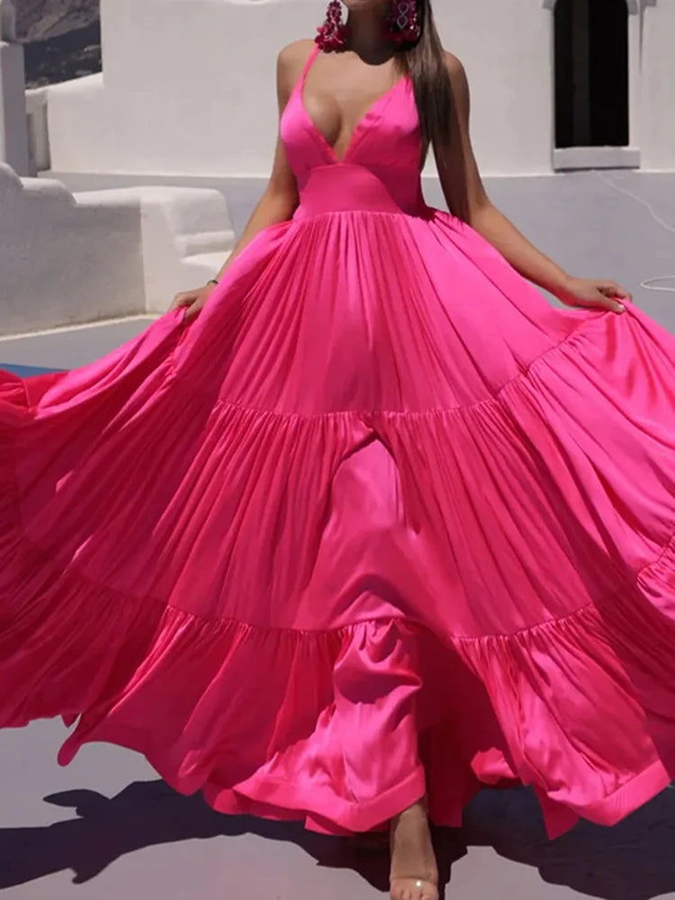 Vestido Feminino Elegante de Verão com Decote V Profundo, Cintura Alta, Sem Mangas, Cor Sólida e Saia Ampla, Ideal para Festas na Praia