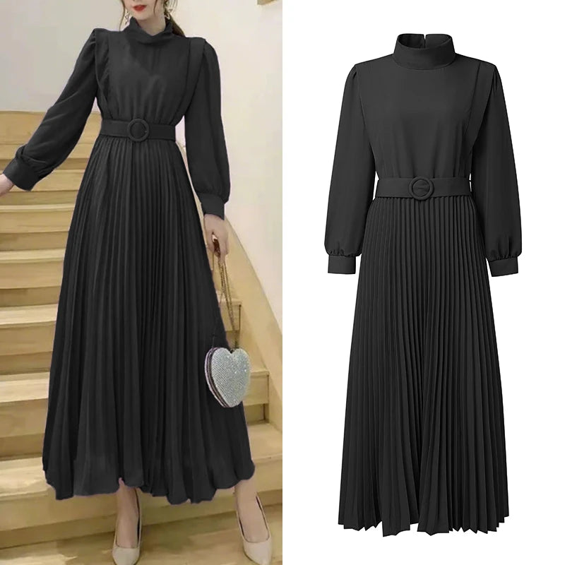 Women's Elegant Chic Maxi Dresses Turtleneck Lantern Sleeves Belted High Waist Pleated Long Dress ZANZEA Korean Style Robe Femme