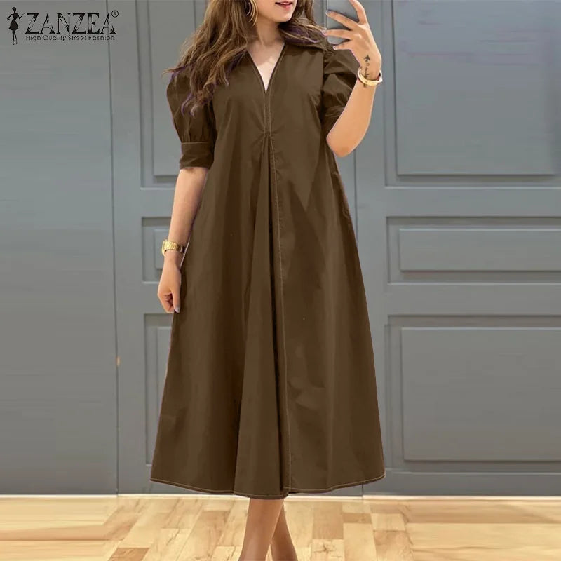 ZANZEA-Vestido plissado com decote em v feminino, monocromático, Puff manga curta, vestido Midi, solto, grandes dimensões, street fashion, verão, elegante, 2024