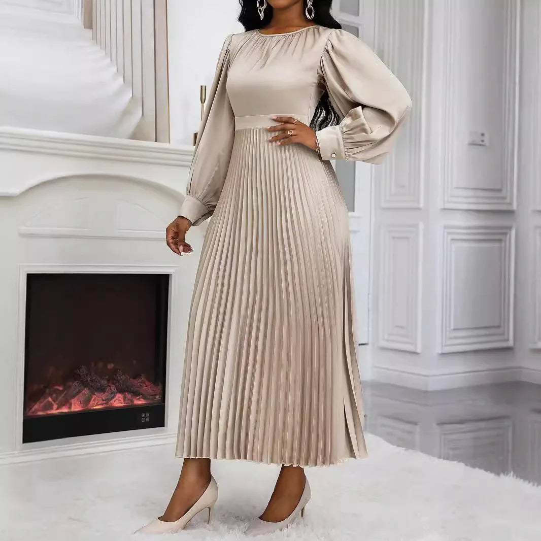 Pleated Dress Women Lantern Sleeves Long Dresses Round Collar Tight Waist A Line Spring 2026 Vestidos Office Lady Maxi Gown