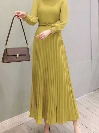 Vestido longo plissado feminino, modelo evasê, gola redonda, manga comprida, para festa, maxi, cintura alta, cinto, justo, sexy, elegante, com recortes.
