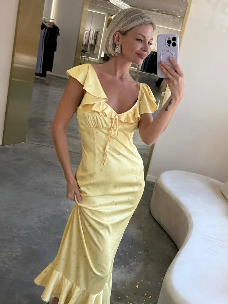 Vestido Longo Plissado com Mangas Borboleta para Mulheres, Decote V Profundo, Estampa Floral, Sexy, com Cintura Ajustável, Vestidos Femininos para Férias e Passeio