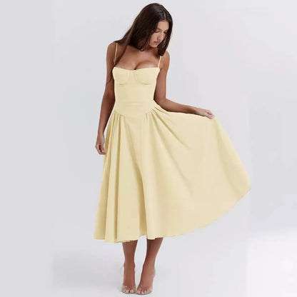 Elegante vestido plissado sem encosto sem mangas feminino, vestido Midi monocromático, vestido feminino de festa à noite, sexy, verão, 2024