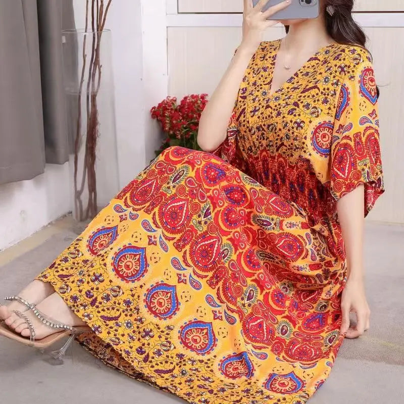 Flor colorida com decote em v elástico jovem boêmio doce midi vestido mulher roupas chique moda vestidos de verão 2025 grande balanço esqui