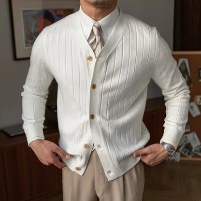 Cardigã Masculino de Tricô com Gola V e Botões, Casual e Simples, para Negócios e Uso Doméstico, Outono