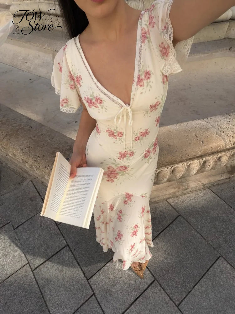 Vestido Longo Plissado com Mangas Borboleta para Mulheres, Decote V Profundo, Estampa Floral, Sexy, com Cintura Ajustável, Vestidos Femininos para Férias e Passeio