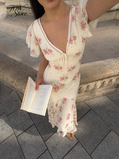 Vestido Longo Plissado com Mangas Borboleta para Mulheres, Decote V Profundo, Estampa Floral, Sexy, com Cintura Ajustável, Vestidos Femininos para Férias e Passeio