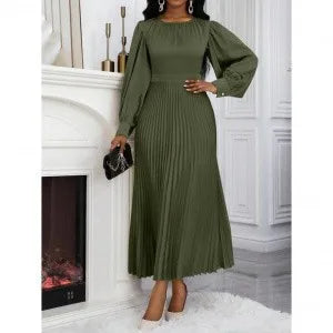 Pleated Dress Women Lantern Sleeves Long Dresses Round Collar Tight Waist A Line Spring 2026 Vestidos Office Lady Maxi Gown