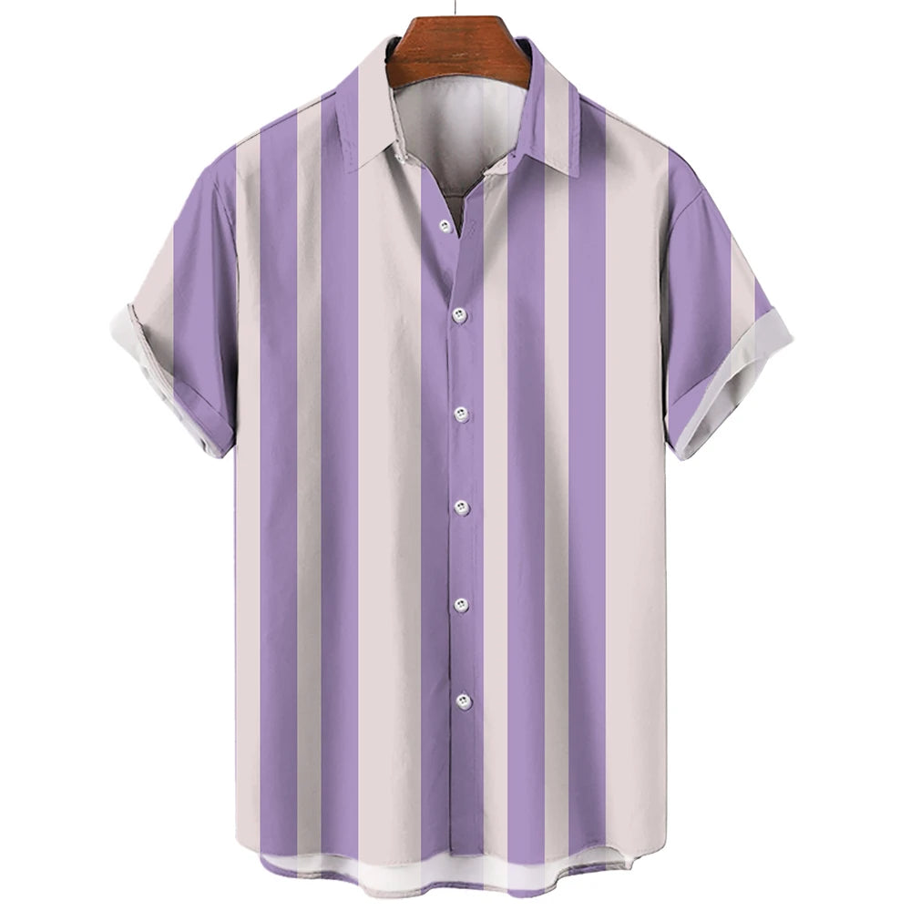 Camiseta listrada de manga curta com botão havaiano masculina, blusa xadrez, roupa de praia vermelha, camisa preta e branca, roupas masculinas, verão