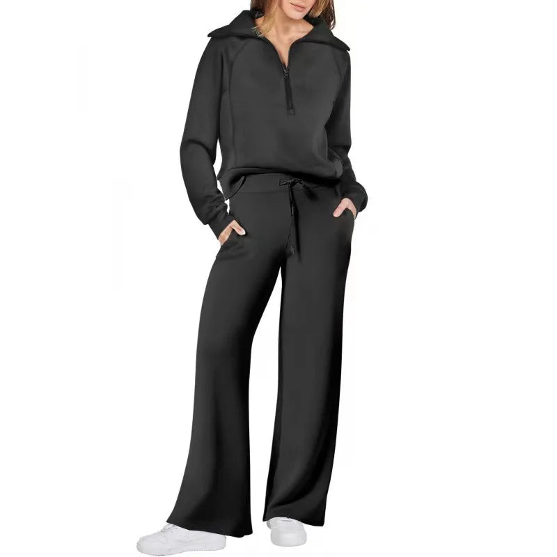 Conjunto de Moletom Feminino de 2 Peças: Blusão Forrado com Fleece Macio e Calça Fluida para Corrida ao Ar Livre e Viagens
