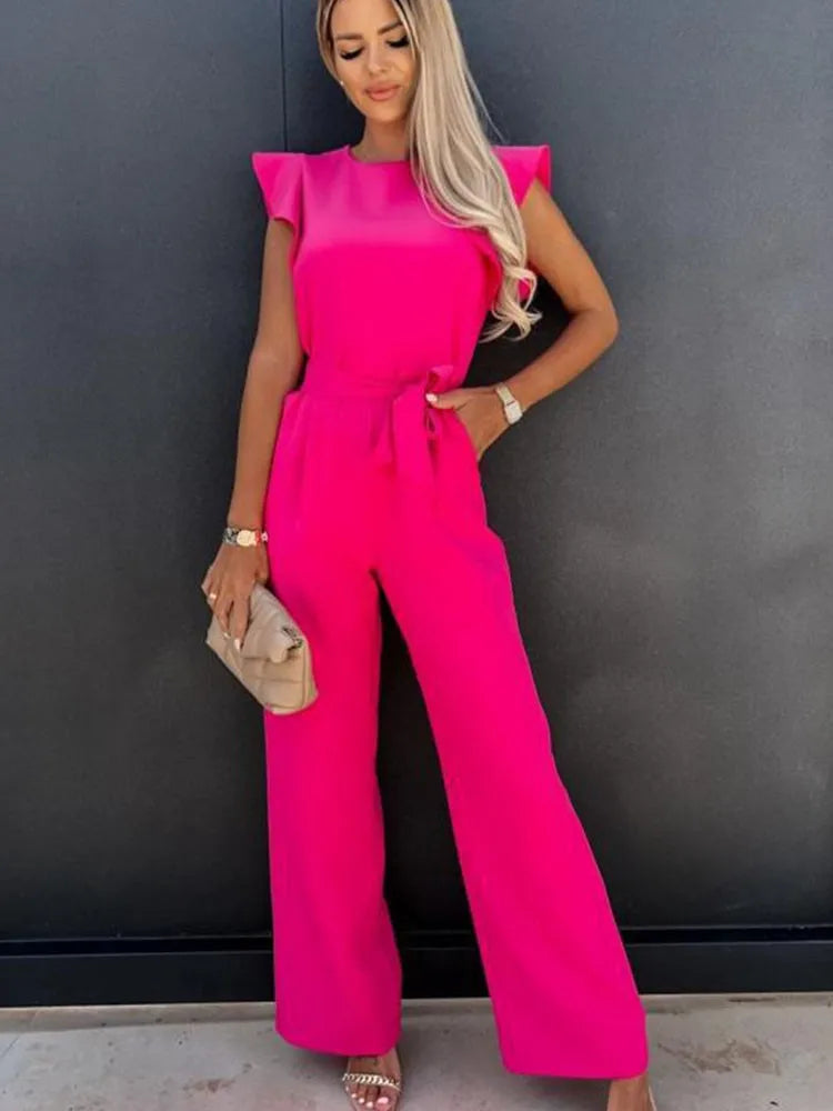 Elegante moda feminina branco borboleta manga macacão sólido casual o-pescoço cintos perna larga playsuit verão senhora do escritório macacões