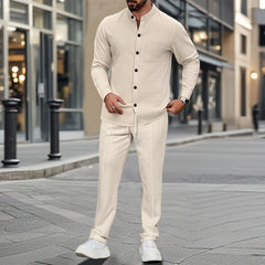 Camisa Masculina Waffle Elegante com Gola Alta e Botões e Calças 1/2 Peças Confortáveis e Respiráveis Casuais