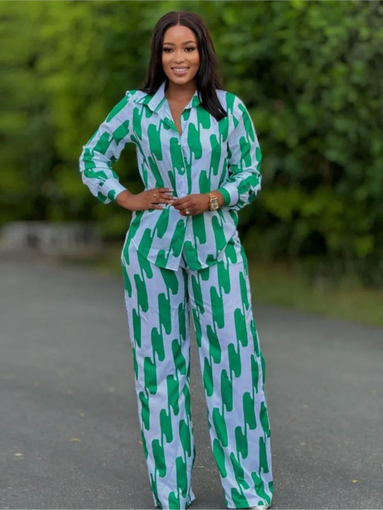 Conjunto de calças impressas feminino primavera outono casual botão camisas de manga comprida e calças retas de cintura alta 2 peça conjunto roupas casuais