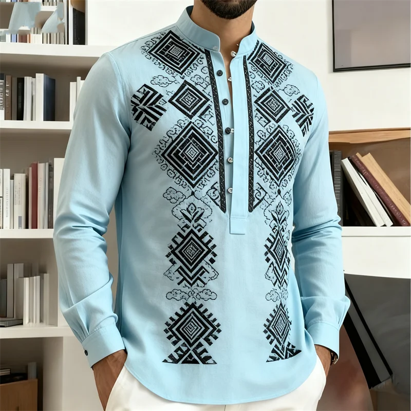 Nova Camisa Masculina de Manga Longa Estilo Étnico Retrô com Estampa 3D de Totem Tribal, Camisa Casual com Botões