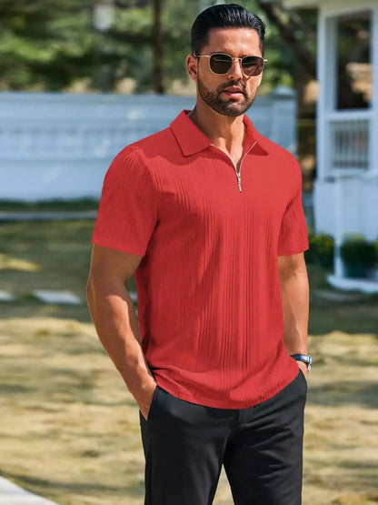 Camisa Masculina com Zíper Frontal, Malha Texturizada, Manga Curta, Casual, Leve, para Golfe