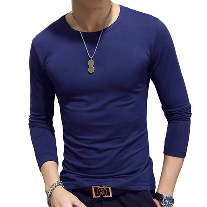Camiseta masculina de manga comprida com estampa "Cultive a Moralidade" para a Primavera e o Outono, gola redonda, em poliéster liso, nas cores vermelho, azul e preto.
