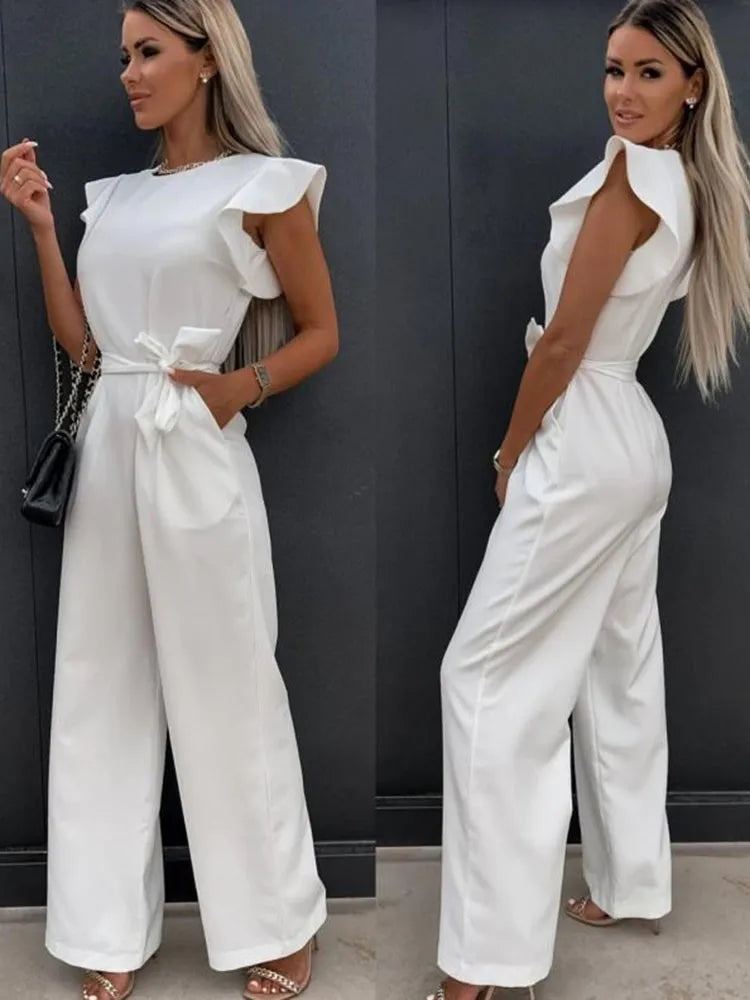 Elegante moda feminina branco borboleta manga macacão sólido casual o-pescoço cintos perna larga playsuit verão senhora do escritório macacões