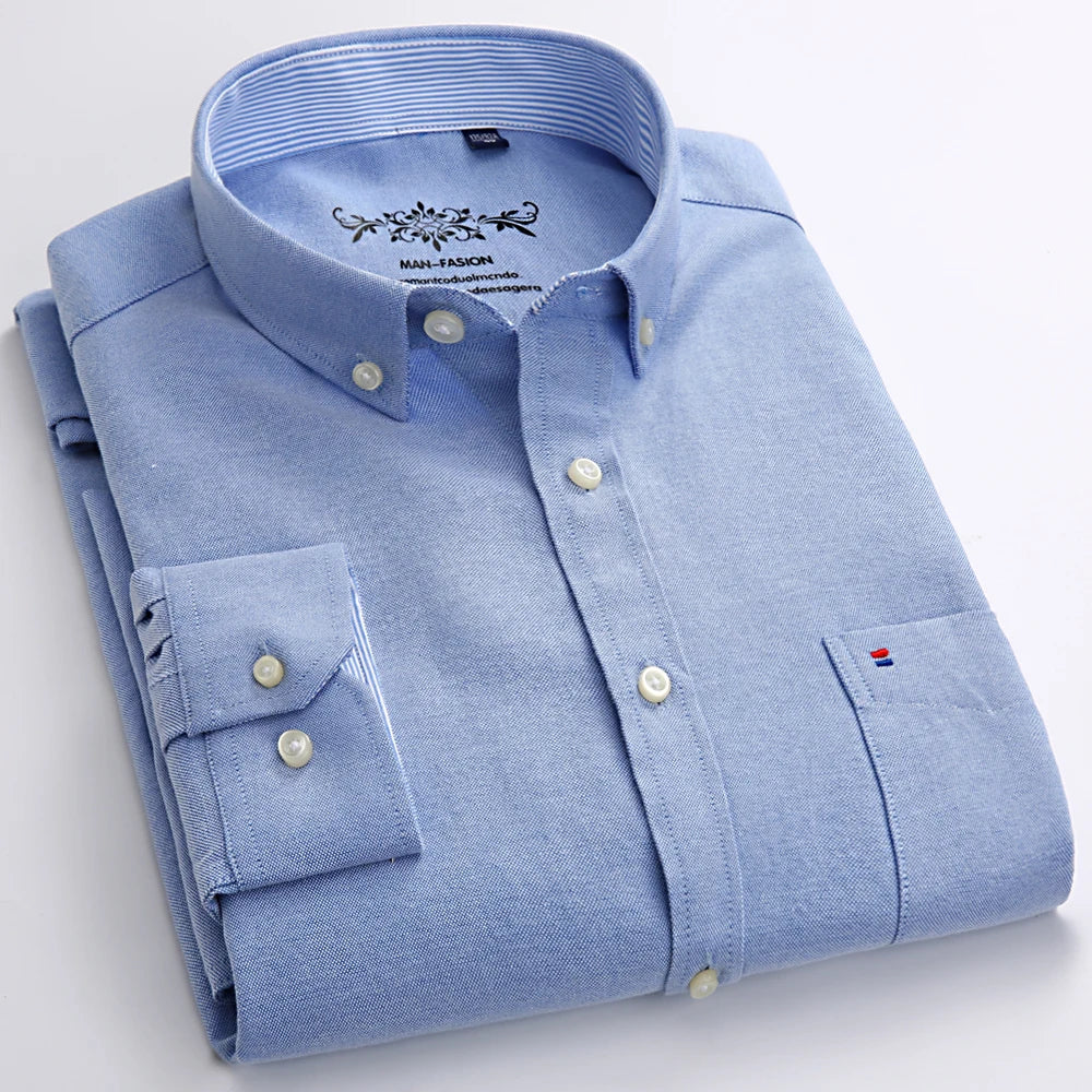 Camisa masculina de manga comprida oxford com botão no peito esquerdo confortável outono inverno ajuste regular casual versátil moda