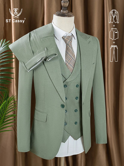Conjunto de Terno Masculino ST Cassy Novo Estilo Fino de Três Peças Verde Slim Fit Formal para Escritório (jaqueta+colete+calças)