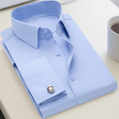 Camisa masculina com abotoaduras francesas, ajuste fino de manga comprida, manga de negócios, sem unhas, camisa formal masculina de cor sólida
