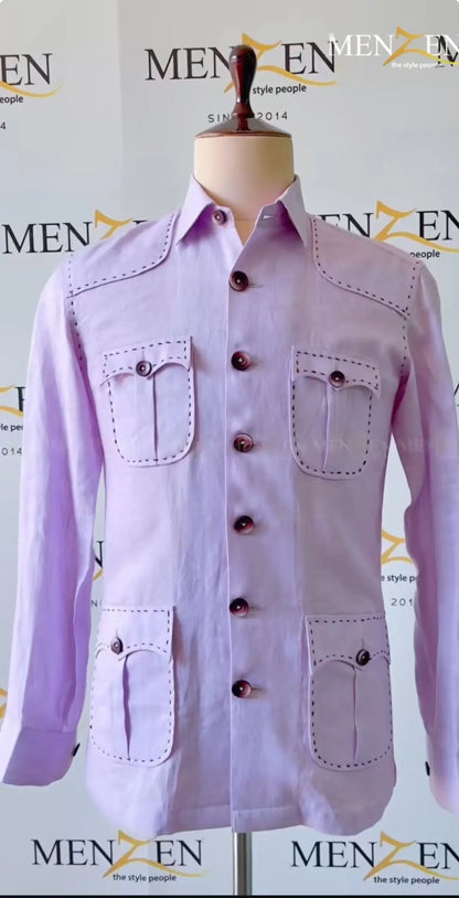Camisa Masculina Casual Estilo "Hunting" em Linho – 100% Linho, Tingimento Liso, Ecológica, Respirável e Confortável para o Verão, com Gola Clássica