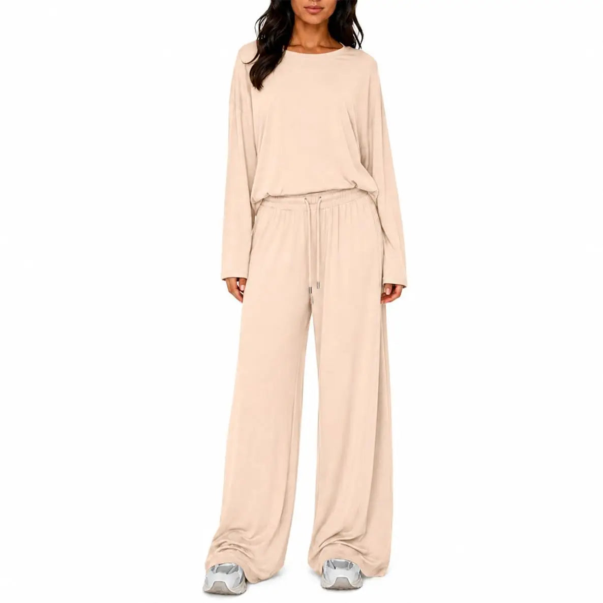 Conjunto Feminino de 2 Peças: Blusa Ombro a Ombro de Manga Longa Solta e Calça Pantalona com Cordão e Bolsos – Macio e Casual