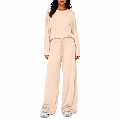Conjunto Feminino de 2 Peças: Blusa Ombro a Ombro de Manga Longa Solta e Calça Pantalona com Cordão e Bolsos – Macio e Casual