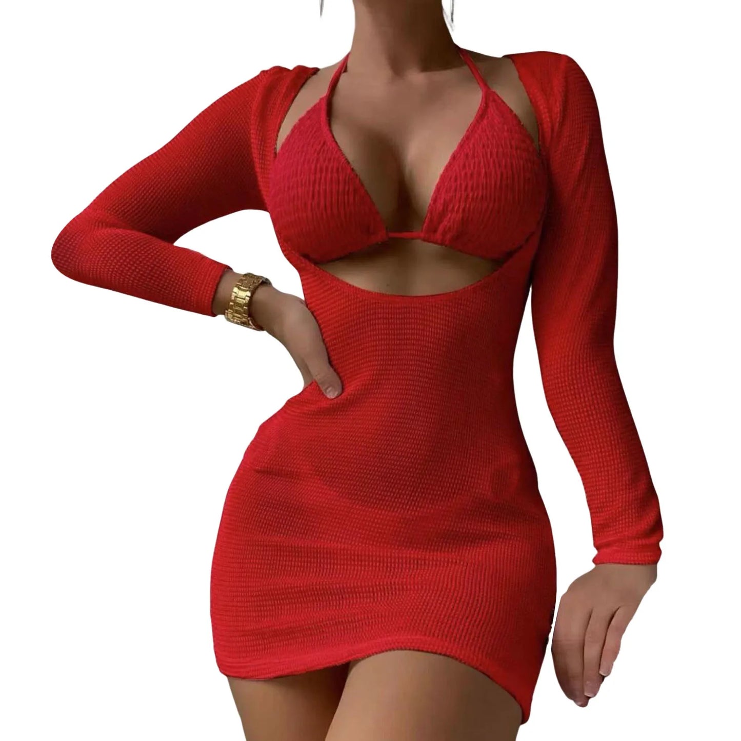 Conjunto de biquíni feminino de 3 peças com sutiã frente única, amarração nas costas e saída de praia em malha. Cor sólida. Ideal para mulheres.