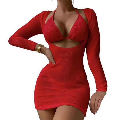 Conjunto de biquíni feminino de 3 peças com sutiã frente única, amarração nas costas e saída de praia em malha. Cor sólida. Ideal para mulheres.