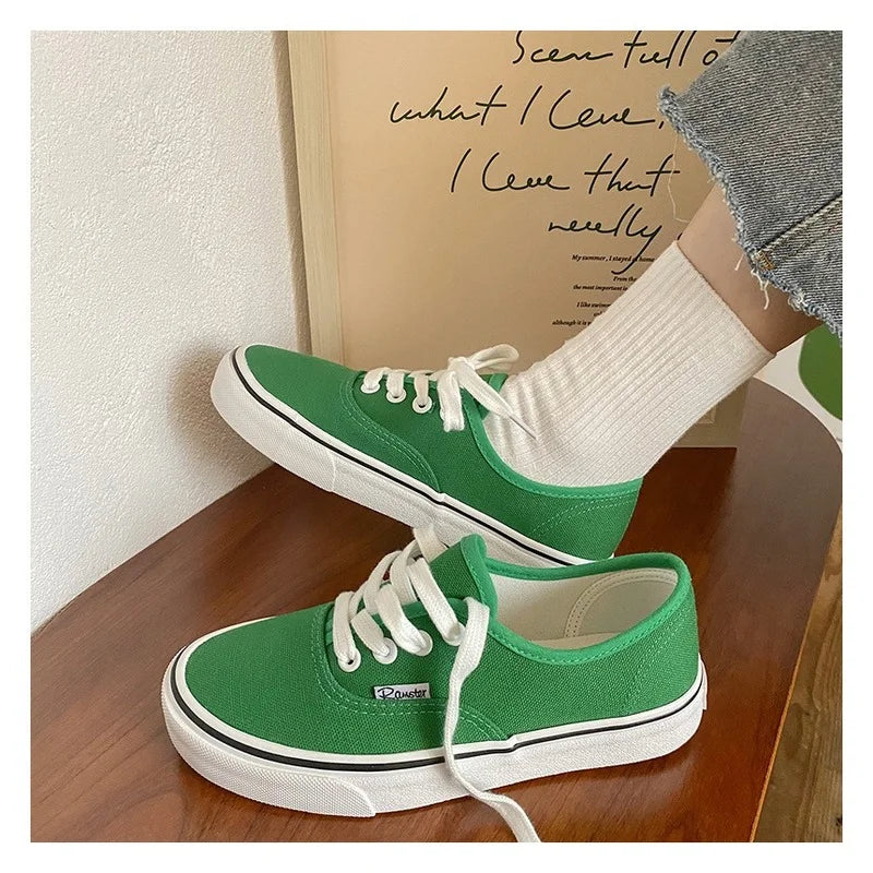 Casual apartamentos tênis de lona feminino ao ar livre cor sólida rasa sapatos esportivos tênis feminino streetwear rendas até sapatos vulcanizados