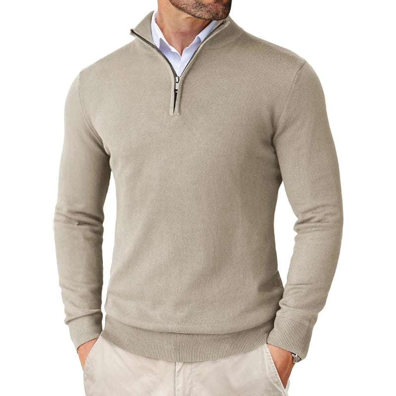 Suéter masculino com zíper de quarto, slim fit, leve, gola simulada, pulôver casual, meia gola alta, malha ao ar livre, streetwear