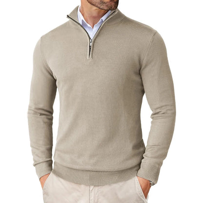 Suéter masculino com zíper de quarto, slim fit, leve, gola simulada, pulôver casual, meia gola alta, malha ao ar livre, streetwear