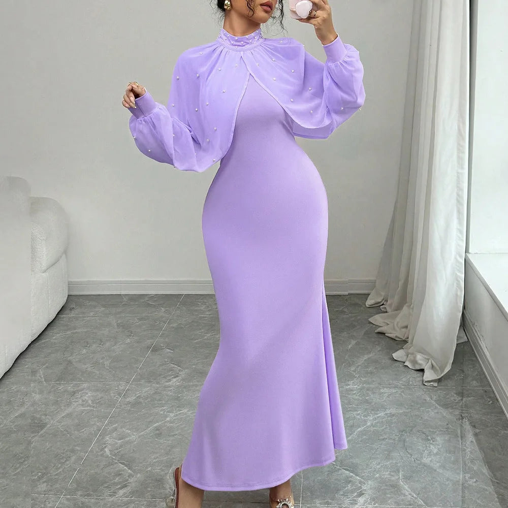 Vestido Formal Elegante de Manga Longa Estilo Sereia com Contas e Saia de Veludo Brilhante para Mulheres, Estilo Chic e Elegante