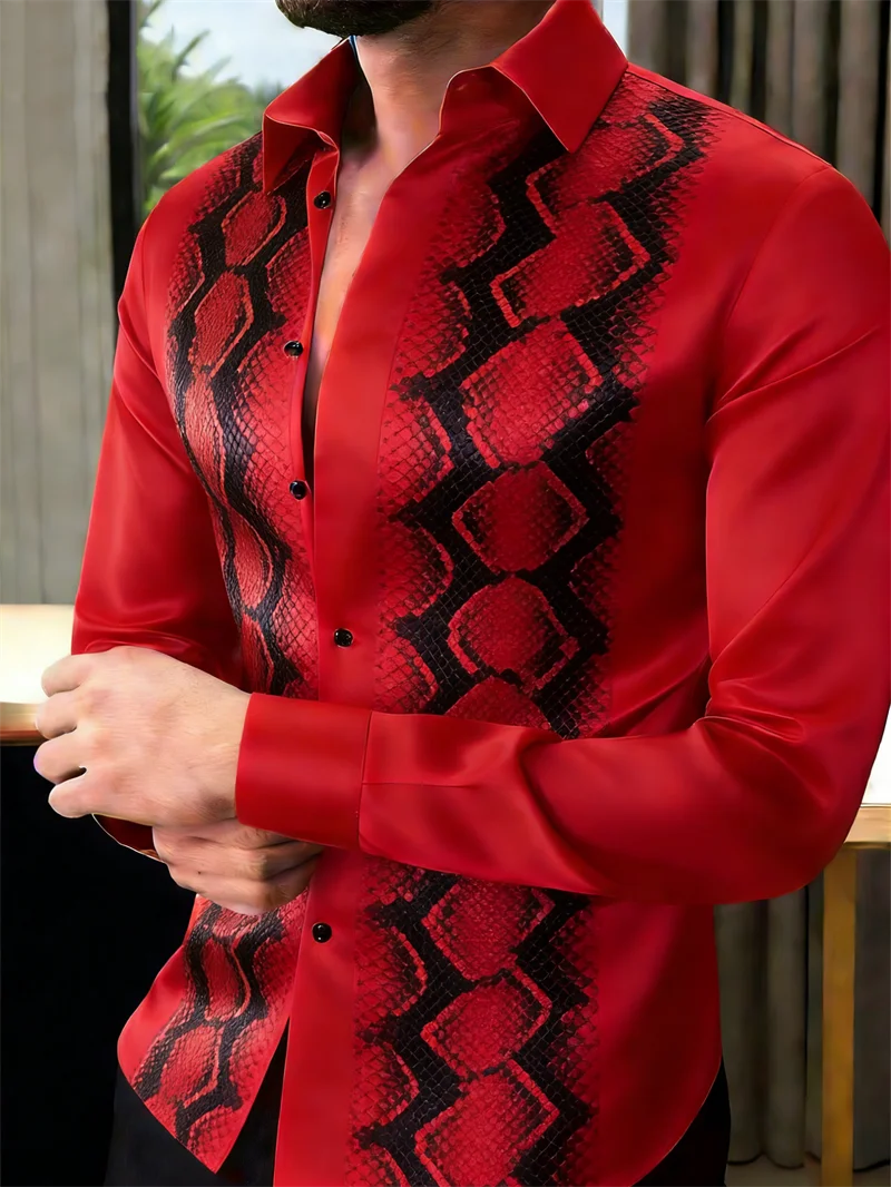 Nova Camisa Masculina Estampada em 3D com Escamas de Cobra, 10 Cores, Casual, de Manga Longa e com Botões