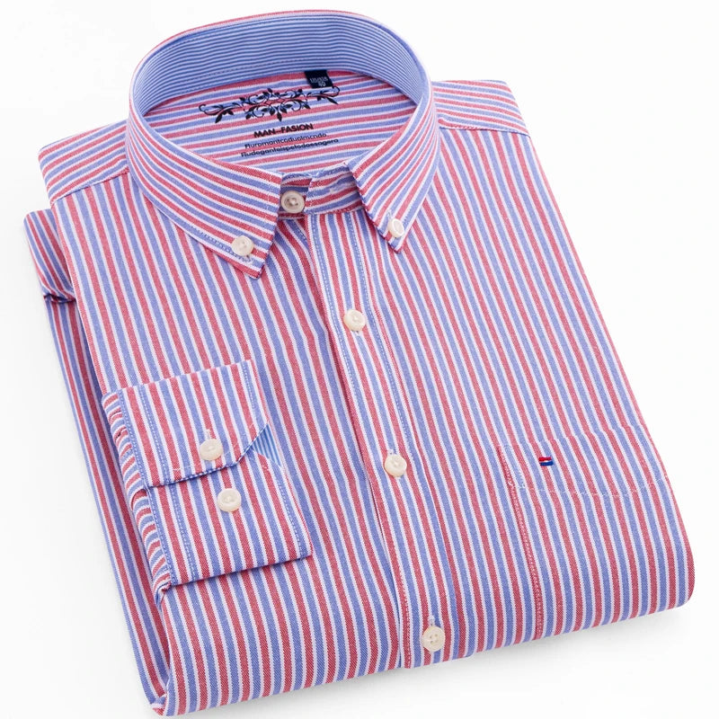 Camisa masculina de manga comprida oxford com botão no peito esquerdo confortável outono inverno ajuste regular casual versátil moda