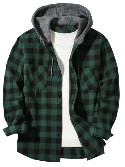Camisa masculina xadrez com capuz, modelo folgado, para primavera e outono, tamanhos grandes, estilo casual e moderno, mangas compridas, do P ao 3XG.