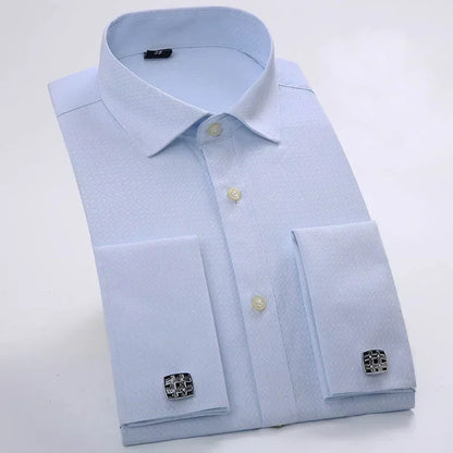 Qualidade frança abotoaduras homens vestido camisas botão turndown colarinho respirável fino ajuste festa de casamento smoking camisas hombre