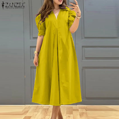 ZANZEA-Vestido plissado com decote em v feminino, monocromático, Puff manga curta, vestido Midi, solto, grandes dimensões, street fashion, verão, elegante, 2024