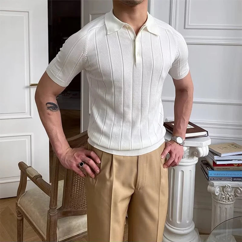 Camisa polo de malha elástica, pulôver casual, manga curta, tops de malha de botão de lapela, roupas da moda, primavera, verão, 2023