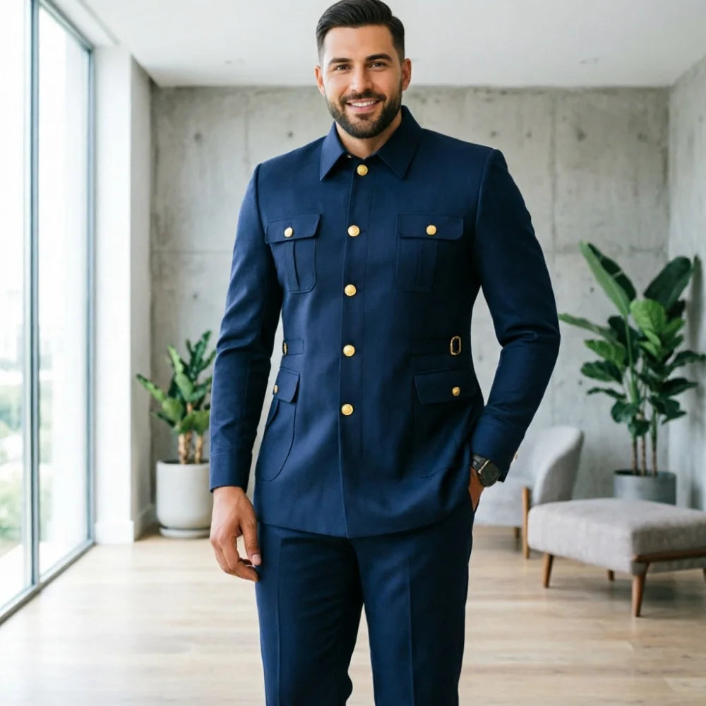 Ternos masculinos pretos, estilo clássico britânico, com botões roxos e dourados, terno safari sob medida, blazer formal para negócios, banquetes, bailes e eventos.